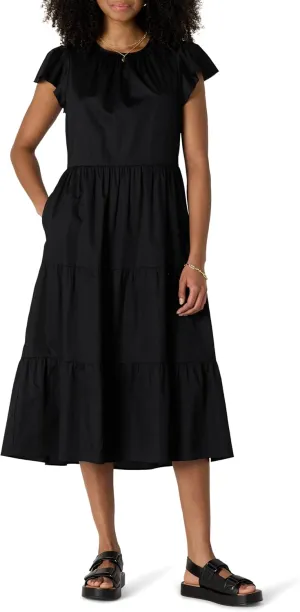 Amazon Essentials Women's Relaxed-Fit Cotton Sateen Crewneck Tiered Midi Dress