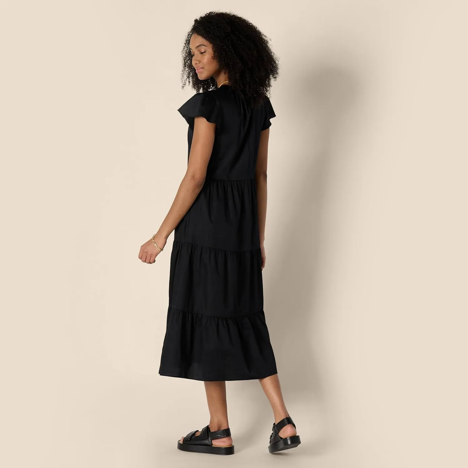 Amazon Essentials Women's Relaxed-Fit Cotton Sateen Crewneck Tiered Midi Dress