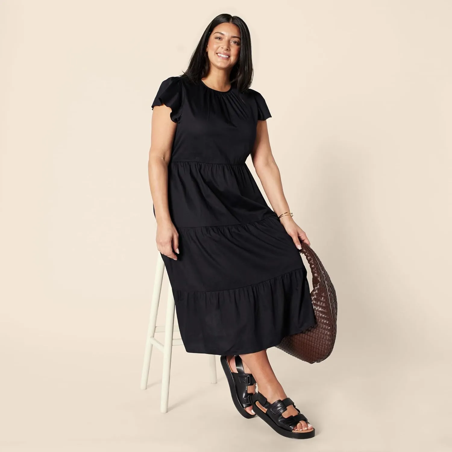 Amazon Essentials Women's Relaxed-Fit Cotton Sateen Crewneck Tiered Midi Dress