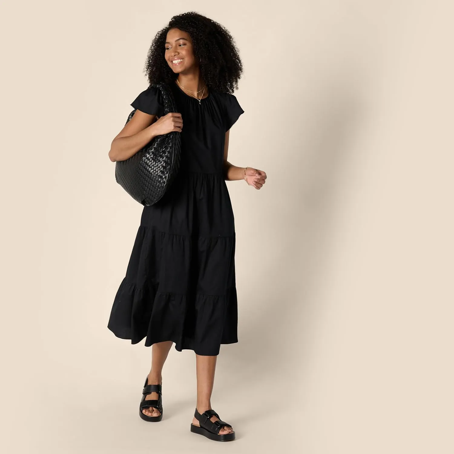 Amazon Essentials Women's Relaxed-Fit Cotton Sateen Crewneck Tiered Midi Dress