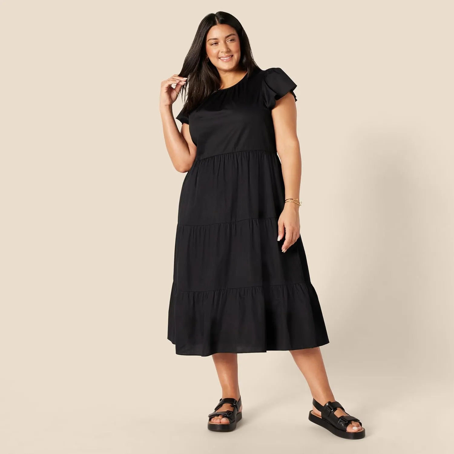 Amazon Essentials Women's Relaxed-Fit Cotton Sateen Crewneck Tiered Midi Dress