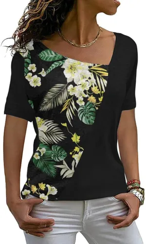 AYIFU Womens Summer Tops Short Sleeve Casual Shirts Asymmetric Neck Color Block Tunic
