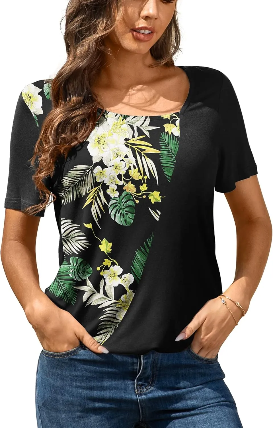 AYIFU Womens Summer Tops Short Sleeve Casual Shirts Asymmetric Neck Color Block Tunic
