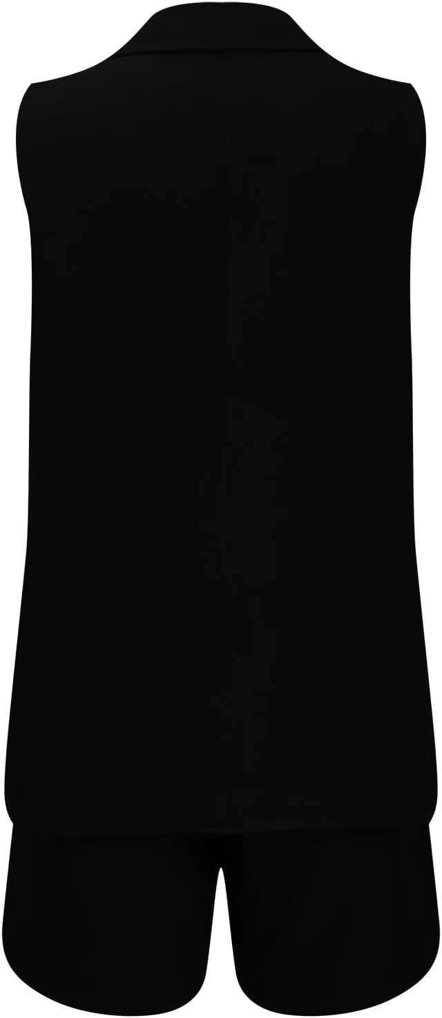 Binmer Women's Casual Sleeveless Blazer Vest Shorts Sets Double Breasted V Neck Office 2 Piece Lounge Matching Outfits Sets