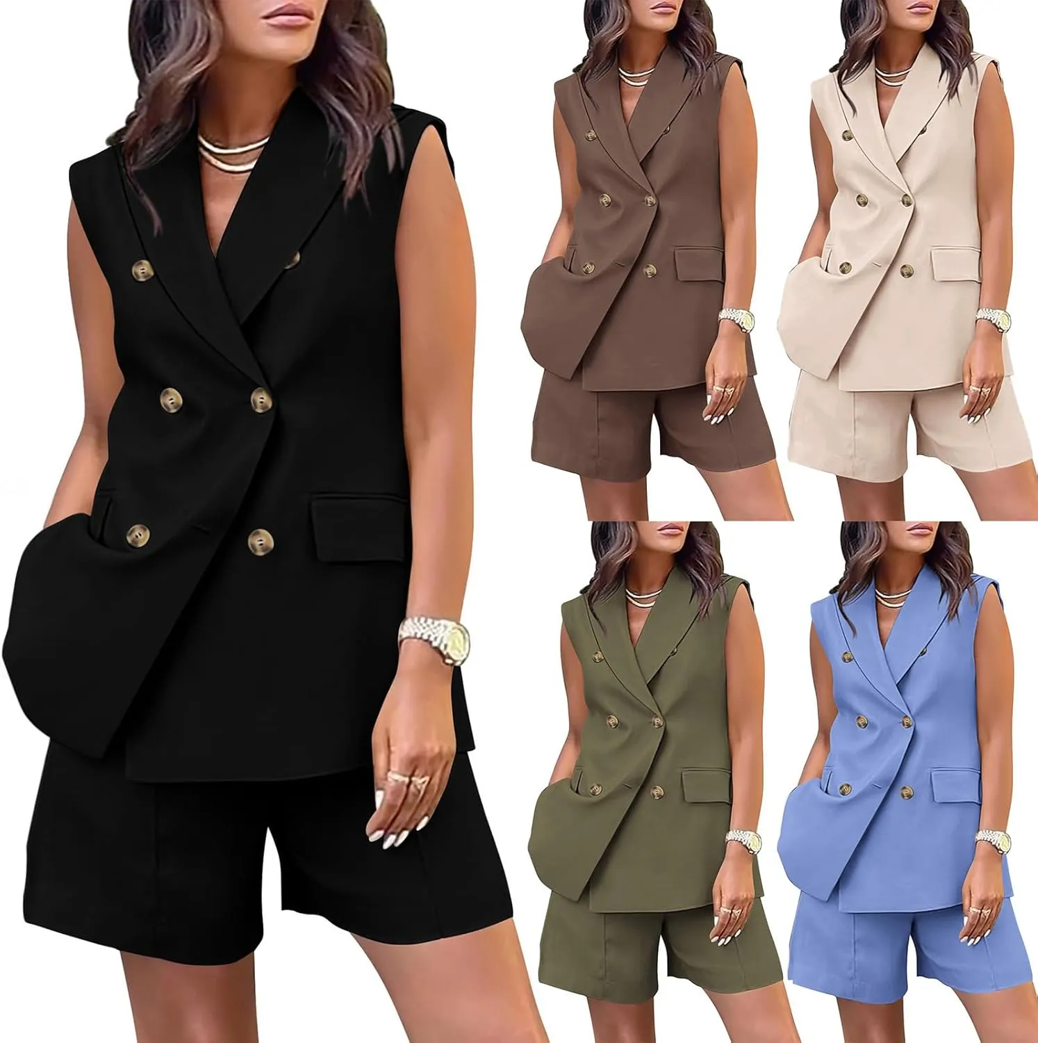 Binmer Women's Casual Sleeveless Blazer Vest Shorts Sets Double Breasted V Neck Office 2 Piece Lounge Matching Outfits Sets