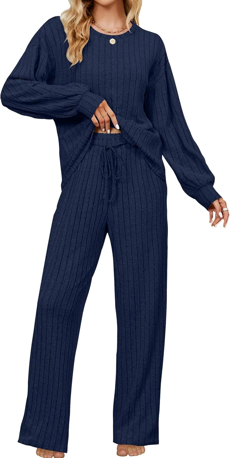 Blooming Jelly Womens Lounge Set Cute Long Sleeve Pajama Sets Casual 2 Piece Pj Outfit Fall Sleepwear Pockets