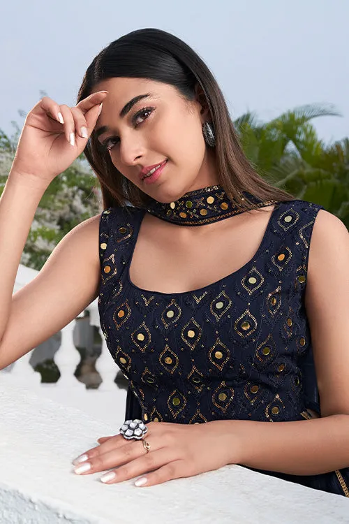 Blue Georgette Embroidered Work Kurta Palazzo Dupatta Set