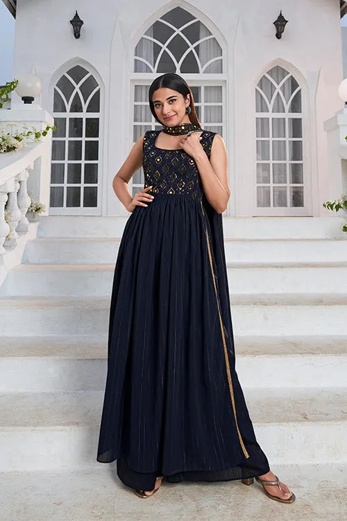 Blue Georgette Embroidered Work Kurta Palazzo Dupatta Set