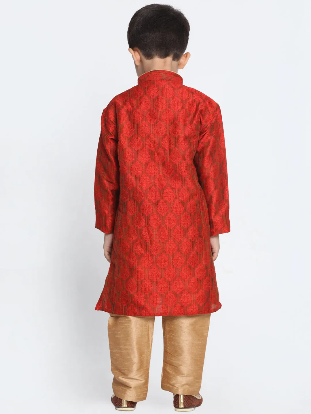Boy's Brick Red And Rose Gold Silk Blend Kurta Pyjama Set - JBN Creation