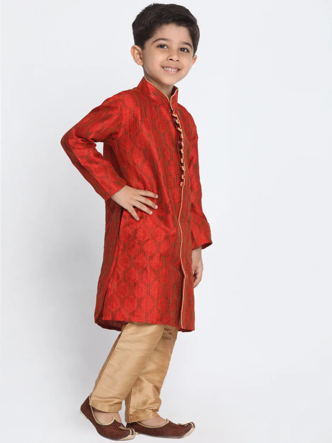 Boy's Brick Red And Rose Gold Silk Blend Kurta Pyjama Set - JBN Creation