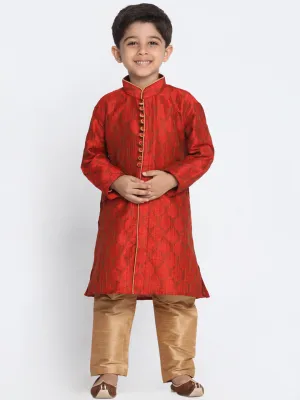 Boy's Brick Red And Rose Gold Silk Blend Kurta Pyjama Set - JBN Creation