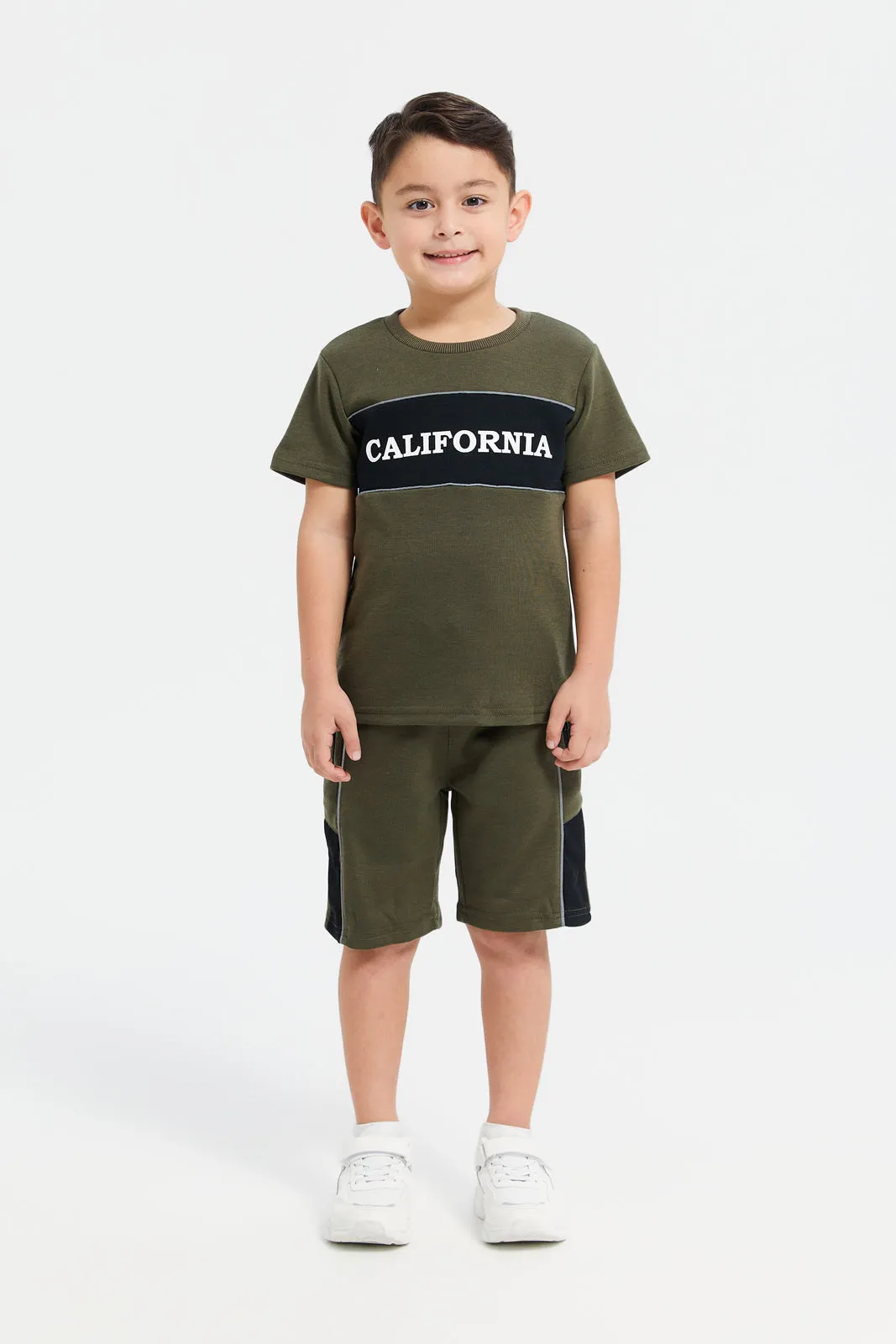 Boys Olive Printed Casual Set (2 Piece)