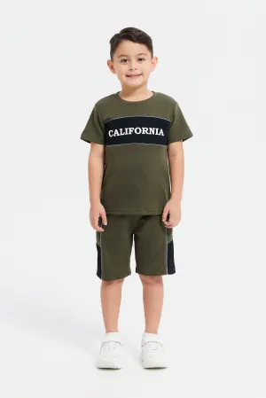 Boys Olive Printed Casual Set (2 Piece)
