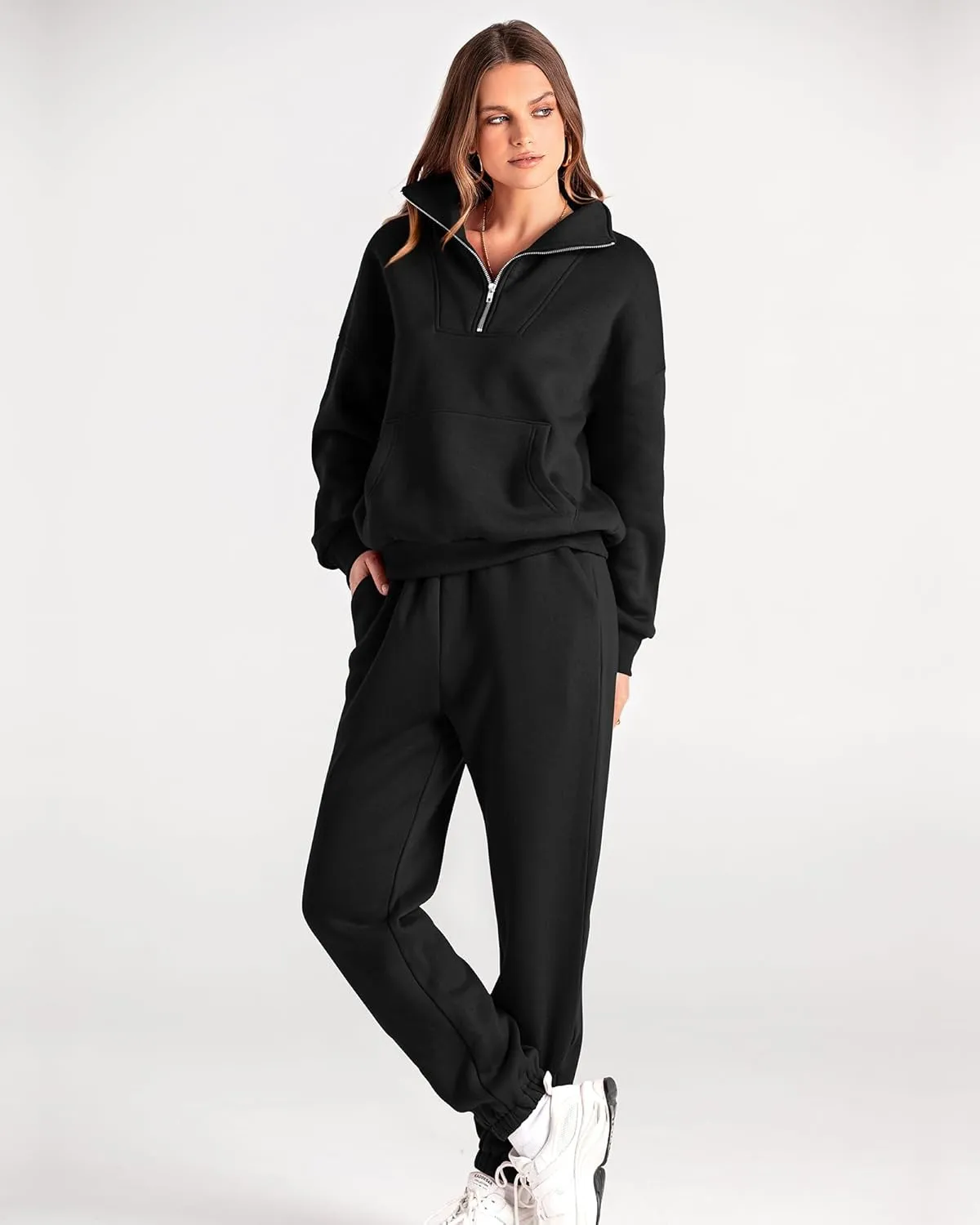 BTFBM Women 2 Piece Tracksuits Fall Winter 1/4 Zip Sweatshirt Jogger Pants Matching Lounge Sets Thick Sweatsuits Pockets