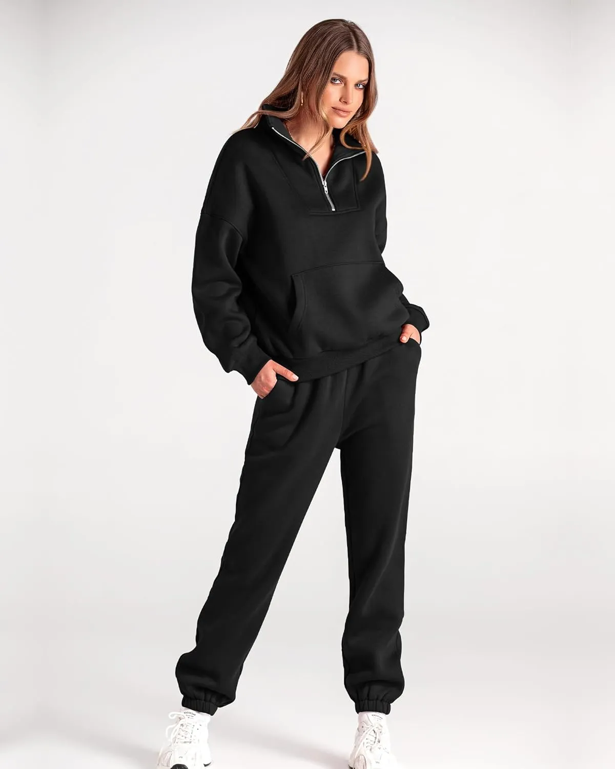 BTFBM Women 2 Piece Tracksuits Fall Winter 1/4 Zip Sweatshirt Jogger Pants Matching Lounge Sets Thick Sweatsuits Pockets