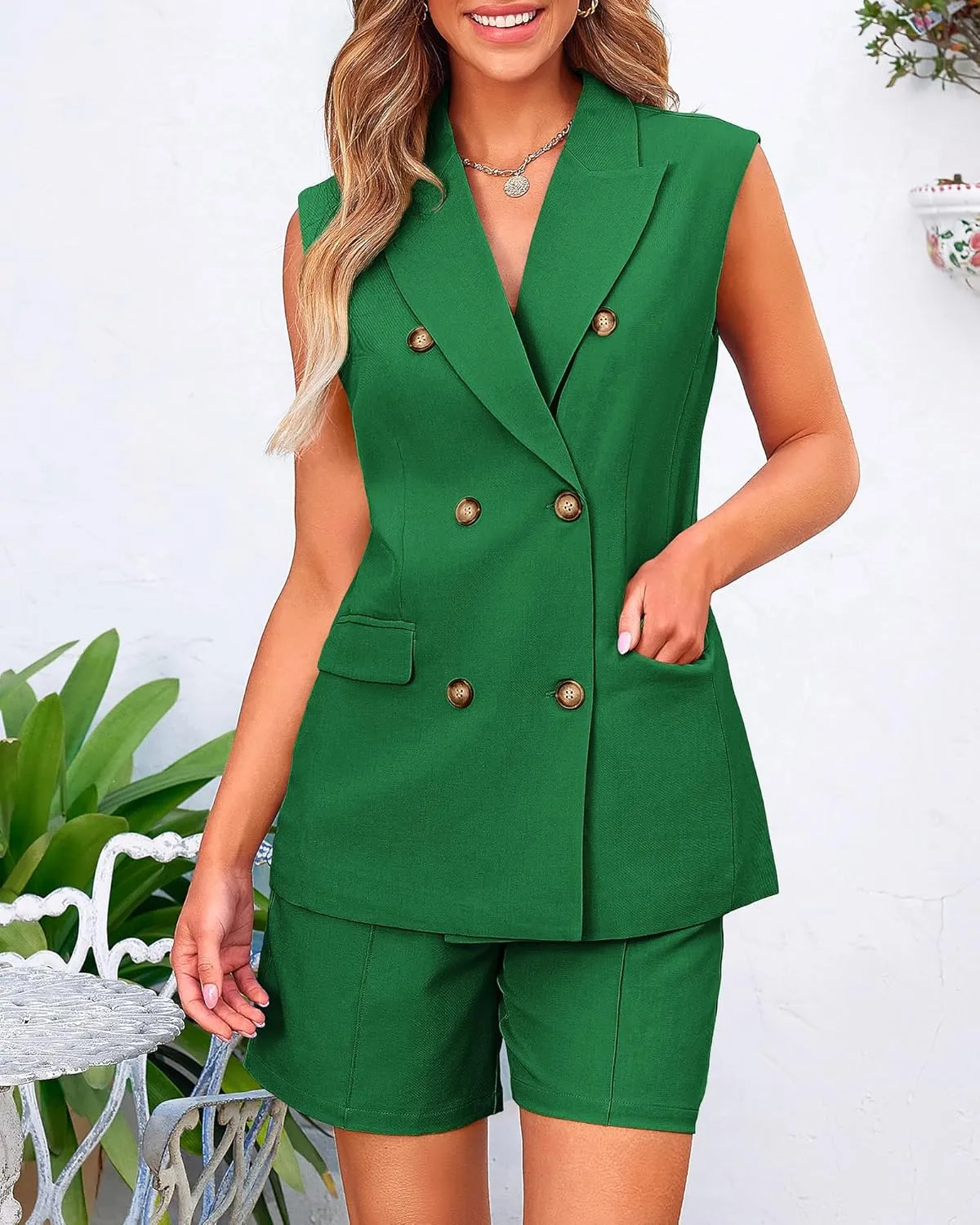 BTFBM Womens Blazer Vest Shorts Sets Lapel Neck Casual Sleeveless Button Down Office Summer 2 Piece Lounge Matching Sets