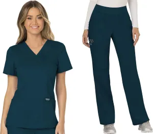Cherokee Scrub Set For Women, Modern Classic Fit Mock Wrap Top WW610 With Mid Rise, Straight Leg Pant WW110, Caribbean Blue- 3XL Top / 2XL Petite Pant