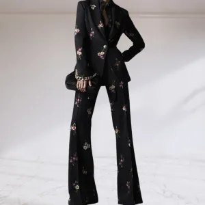 Dark Floral Printed Two Pieces Blazer and Pant Set