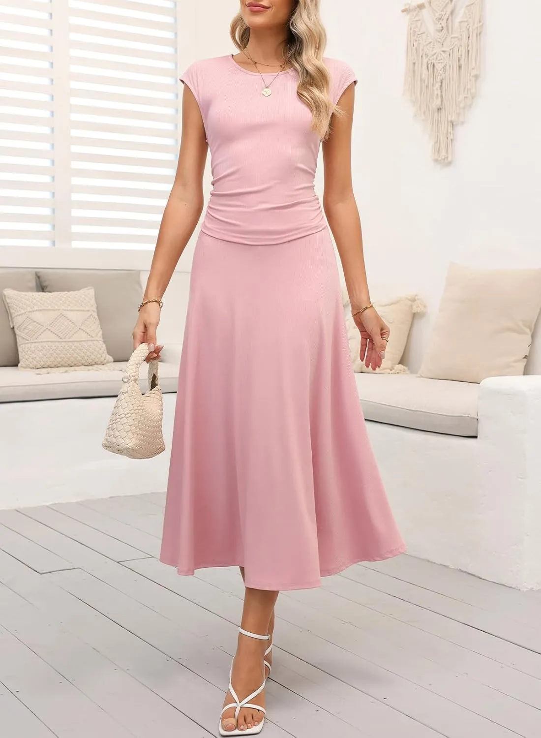 Dokotoo Women's 2 Piece Summer Outfits Casual Crewneck Short Sleeve Ruched Knit Tops Elastic Waist A-Line Midi Skirt Set