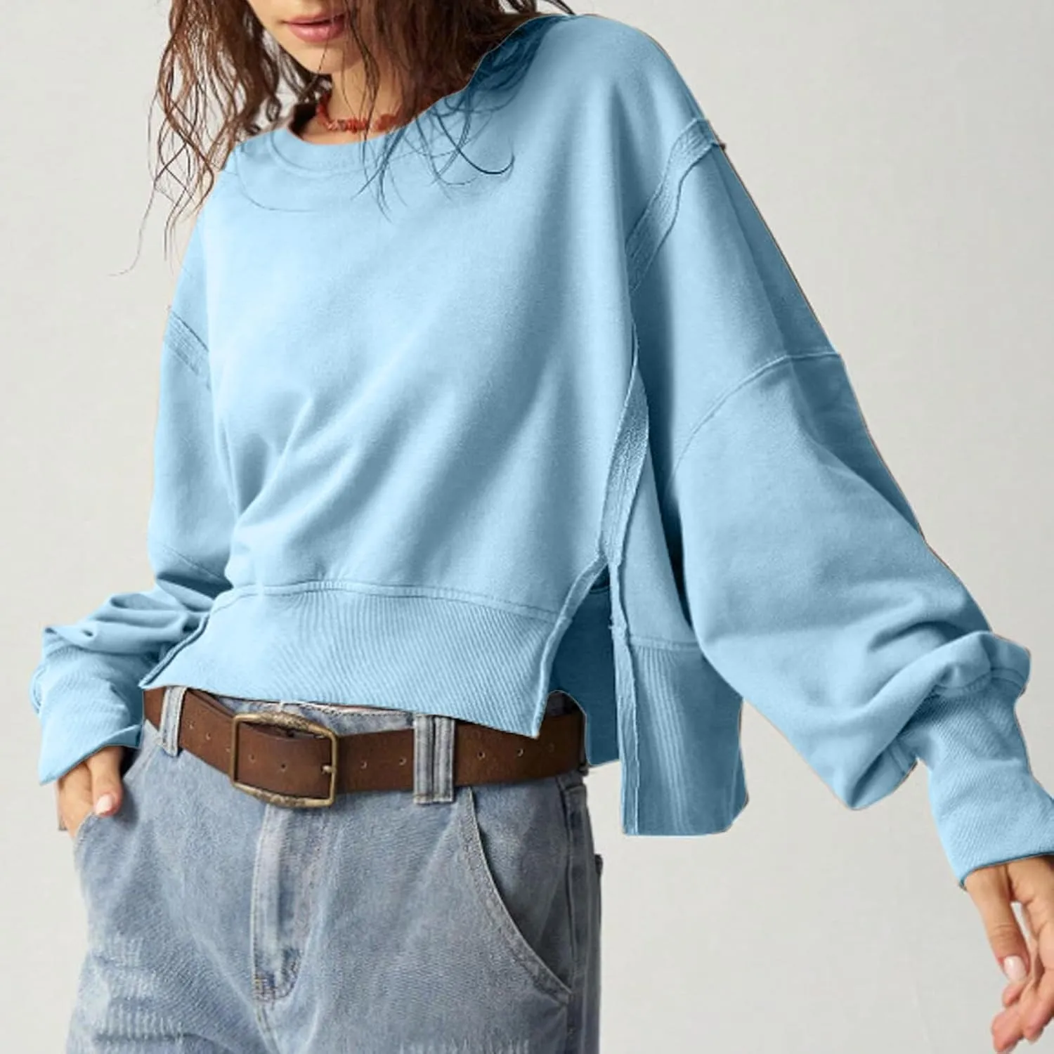 EGUGYDW Womens Crewneck Sweatshirts Cropped Long Sleeve Side Slit Loose Fit Teen Girls 2024 Fall Crop Pullover Tops