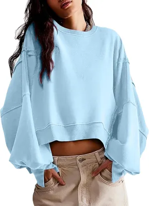 EGUGYDW Womens Crewneck Sweatshirts Cropped Long Sleeve Side Slit Loose Fit Teen Girls 2024 Fall Crop Pullover Tops