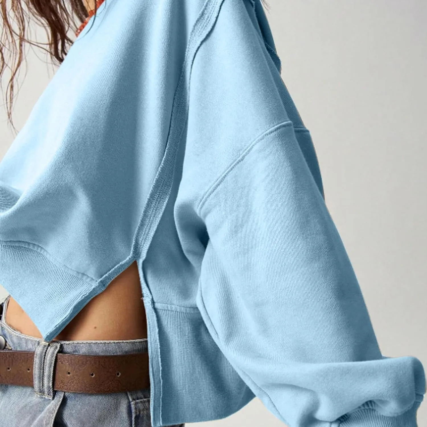 EGUGYDW Womens Crewneck Sweatshirts Cropped Long Sleeve Side Slit Loose Fit Teen Girls 2024 Fall Crop Pullover Tops
