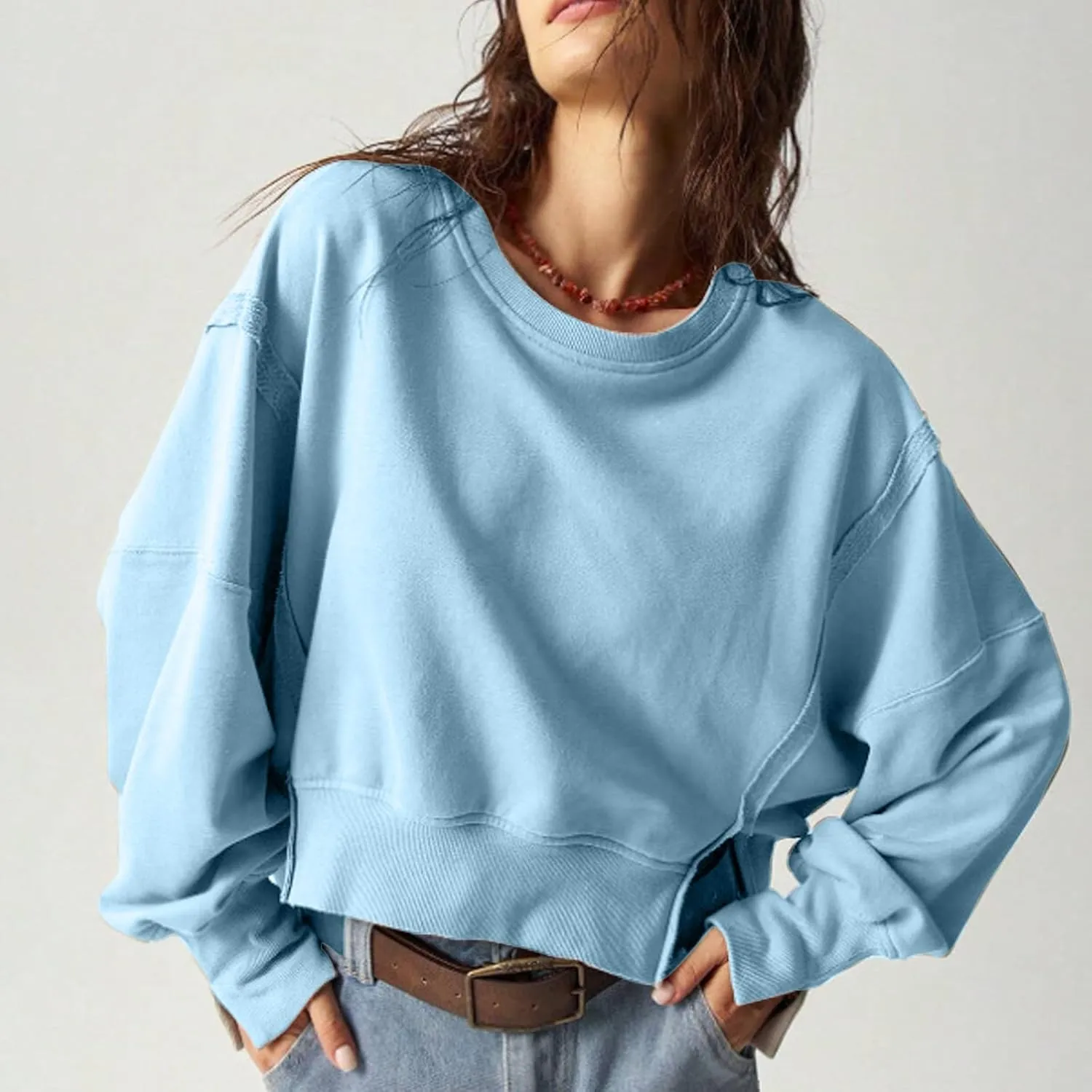 EGUGYDW Womens Crewneck Sweatshirts Cropped Long Sleeve Side Slit Loose Fit Teen Girls 2024 Fall Crop Pullover Tops