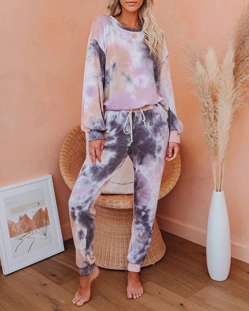 Eurivicy Women's Tie Dye Sweatsuit Set 2 Piece Long Sleeve Pullover and Drawstring Sweatpants Sport Outfits Sets