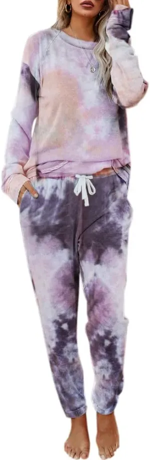 Eurivicy Women's Tie Dye Sweatsuit Set 2 Piece Long Sleeve Pullover and Drawstring Sweatpants Sport Outfits Sets