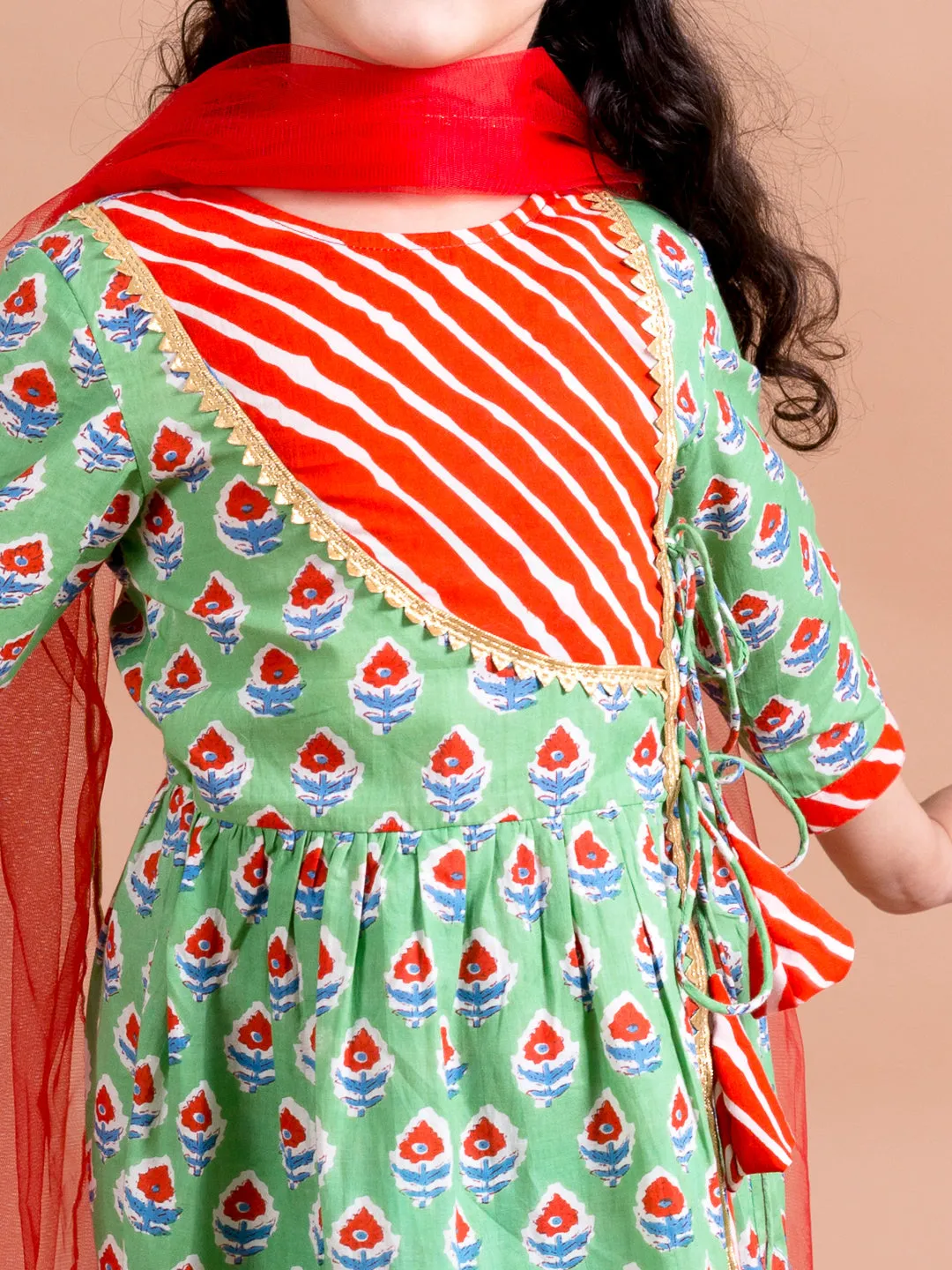 Girls Green Floral Printed Pure Cotton Kurta Set - Ps Peaches