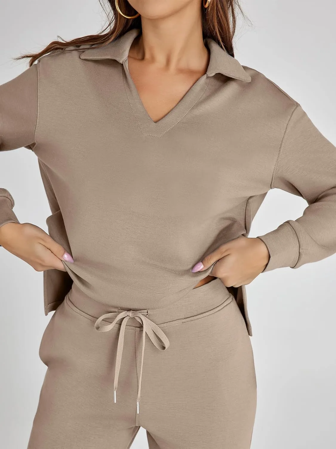 Glamaker Women's 2 Piece Sets Outfits Casual Long Sleeve Sweatsuits Polo Top and Wide Leg Pants Matching Sets