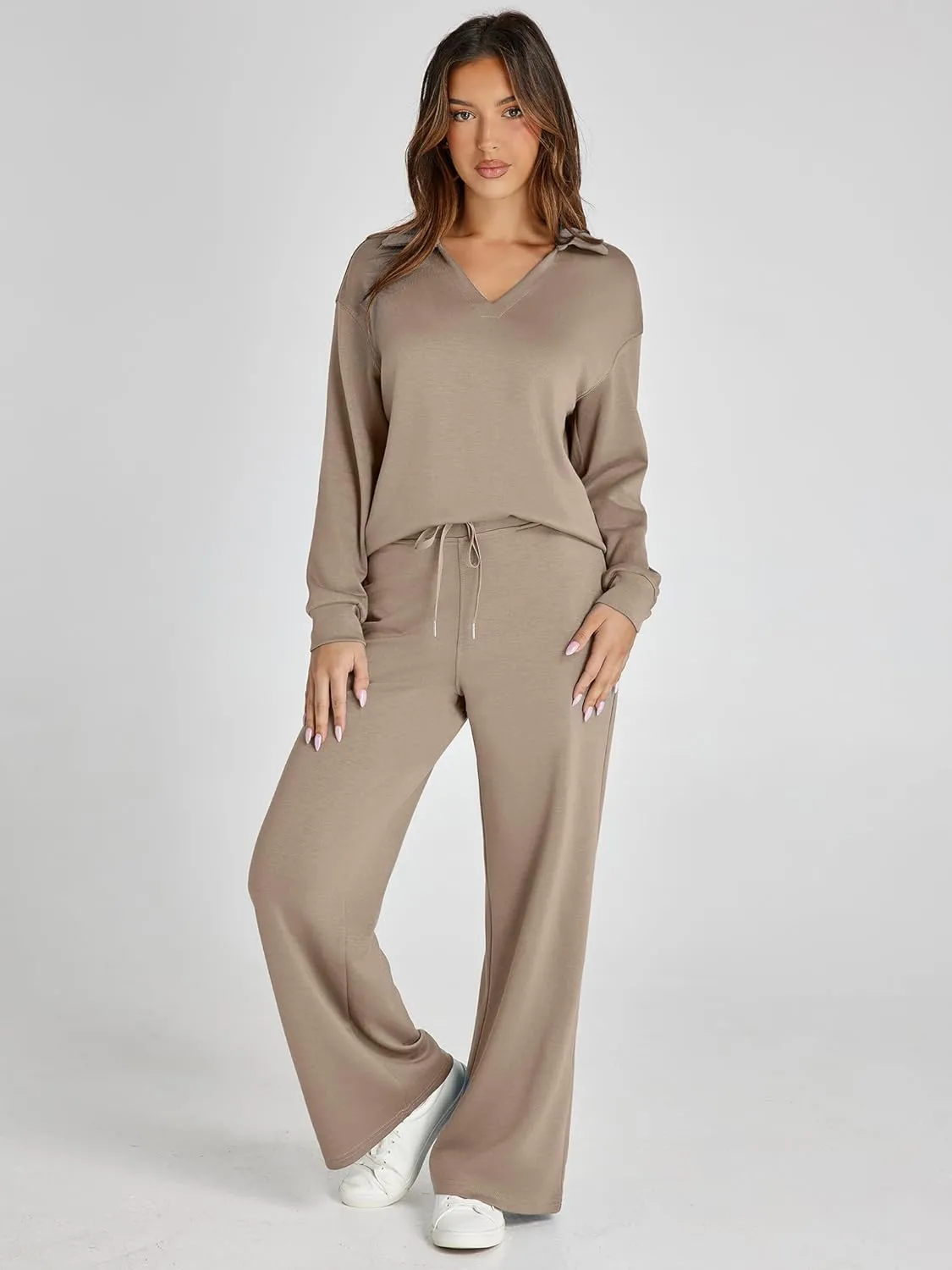 Glamaker Women's 2 Piece Sets Outfits Casual Long Sleeve Sweatsuits Polo Top and Wide Leg Pants Matching Sets
