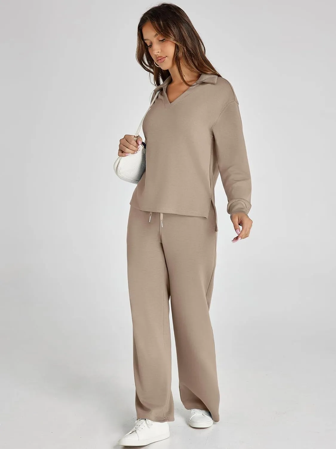 Glamaker Women's 2 Piece Sets Outfits Casual Long Sleeve Sweatsuits Polo Top and Wide Leg Pants Matching Sets