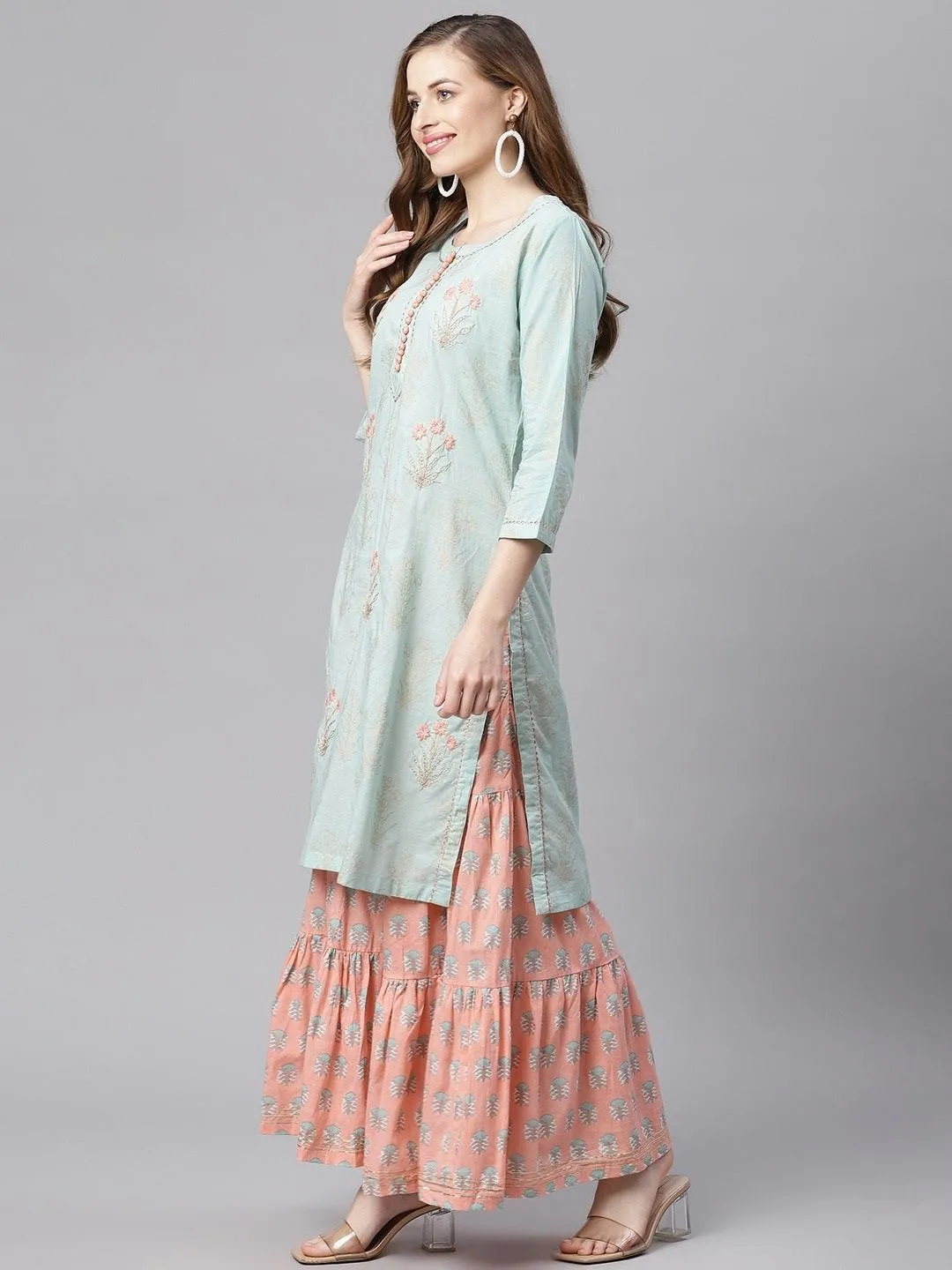 Jashvi  Sea Green & Peach Cotton Kurta Sharara Set