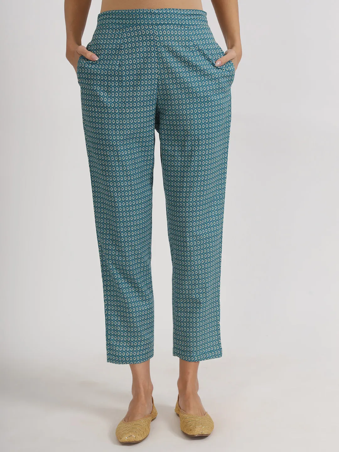 Jashvi Teal Blue Floral Print Cotton Nyra Cut Kurta pants with Dupatta set