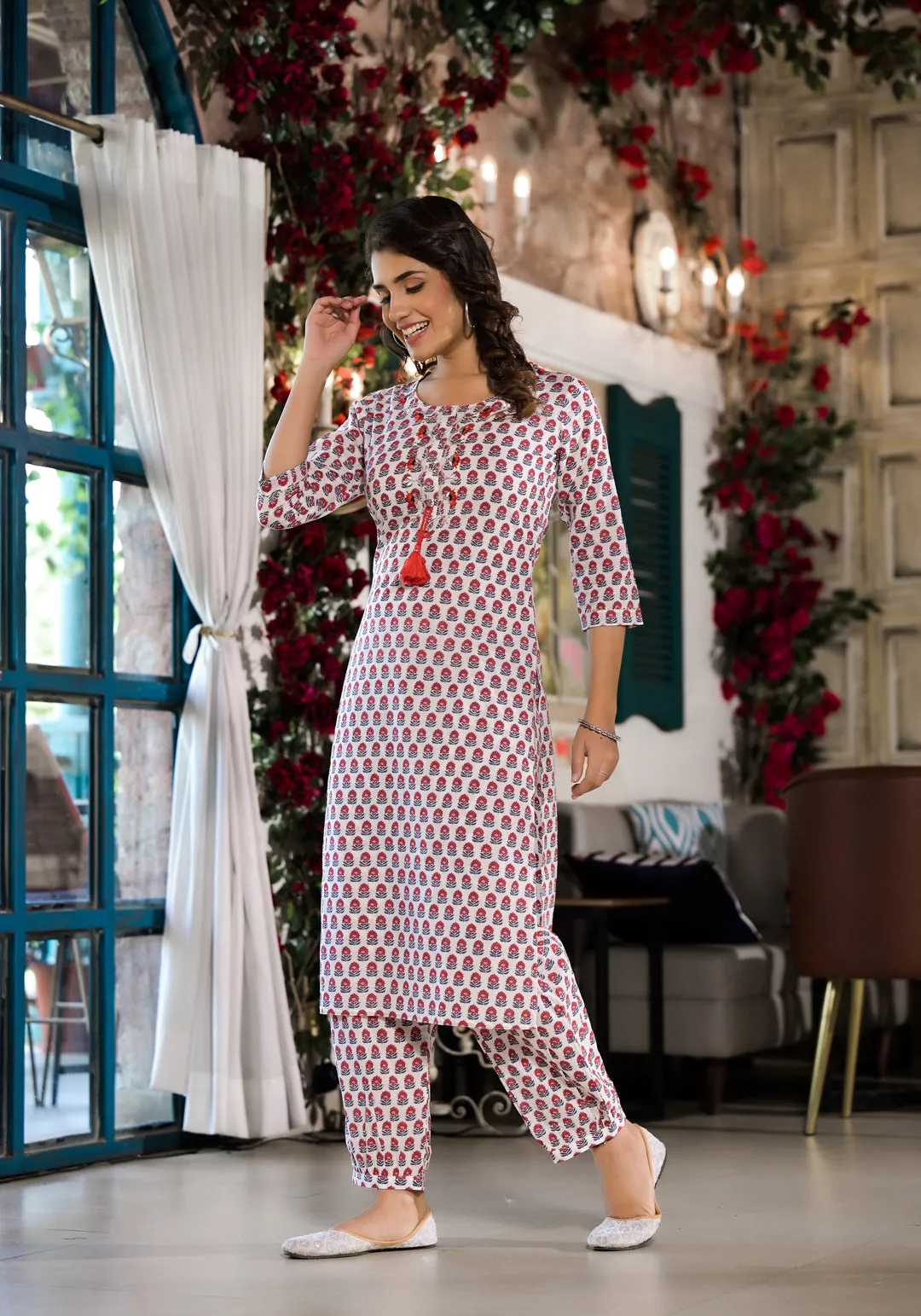 Jashvi White & Red Floral Printed Cotton Kurta with Trouser