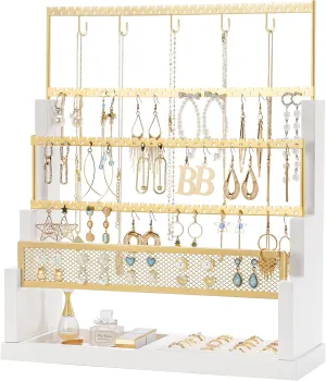 Lolalet Earring Holder Stand, 5 Tiers Jewelry Organizer Rack for Stud Earring Necklace Bracelet Wooden Rustic Display Storage with Velvet Ring Tray,Up to 90 pairs of earrings -White