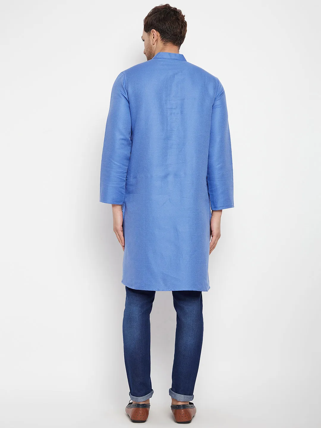 Men's Blue Color Long Kurta with Band Collar - Even Apparels