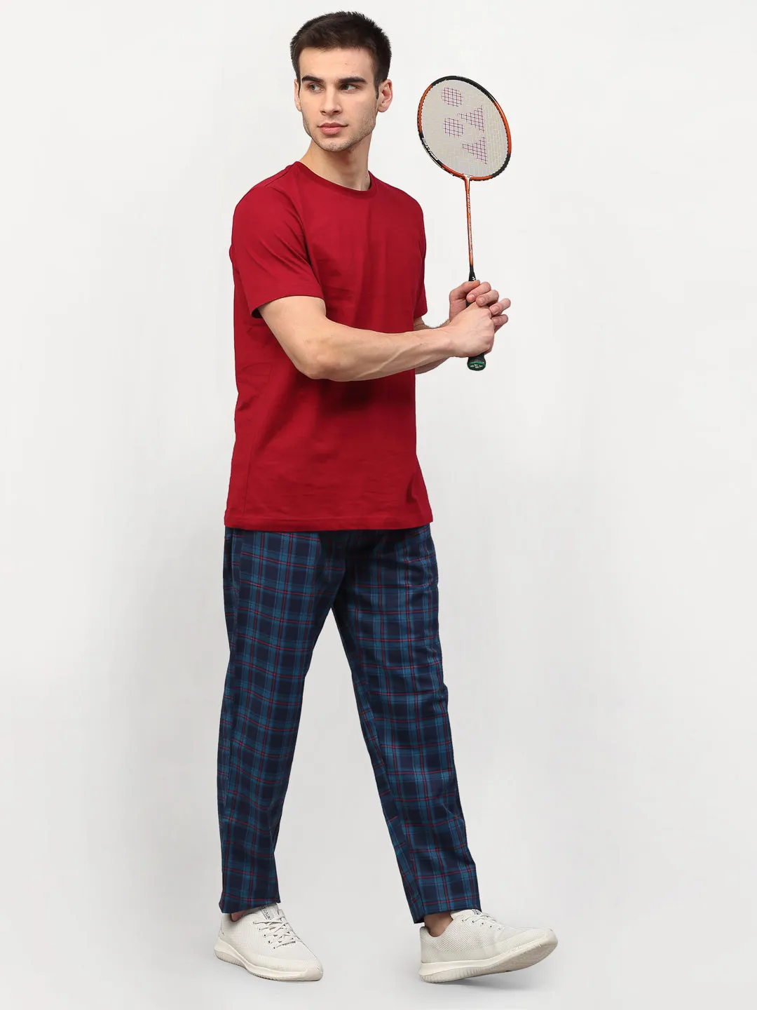 Men's Blue Cotton Checked Track Pants ( JOG 018Blue ) - Jainish