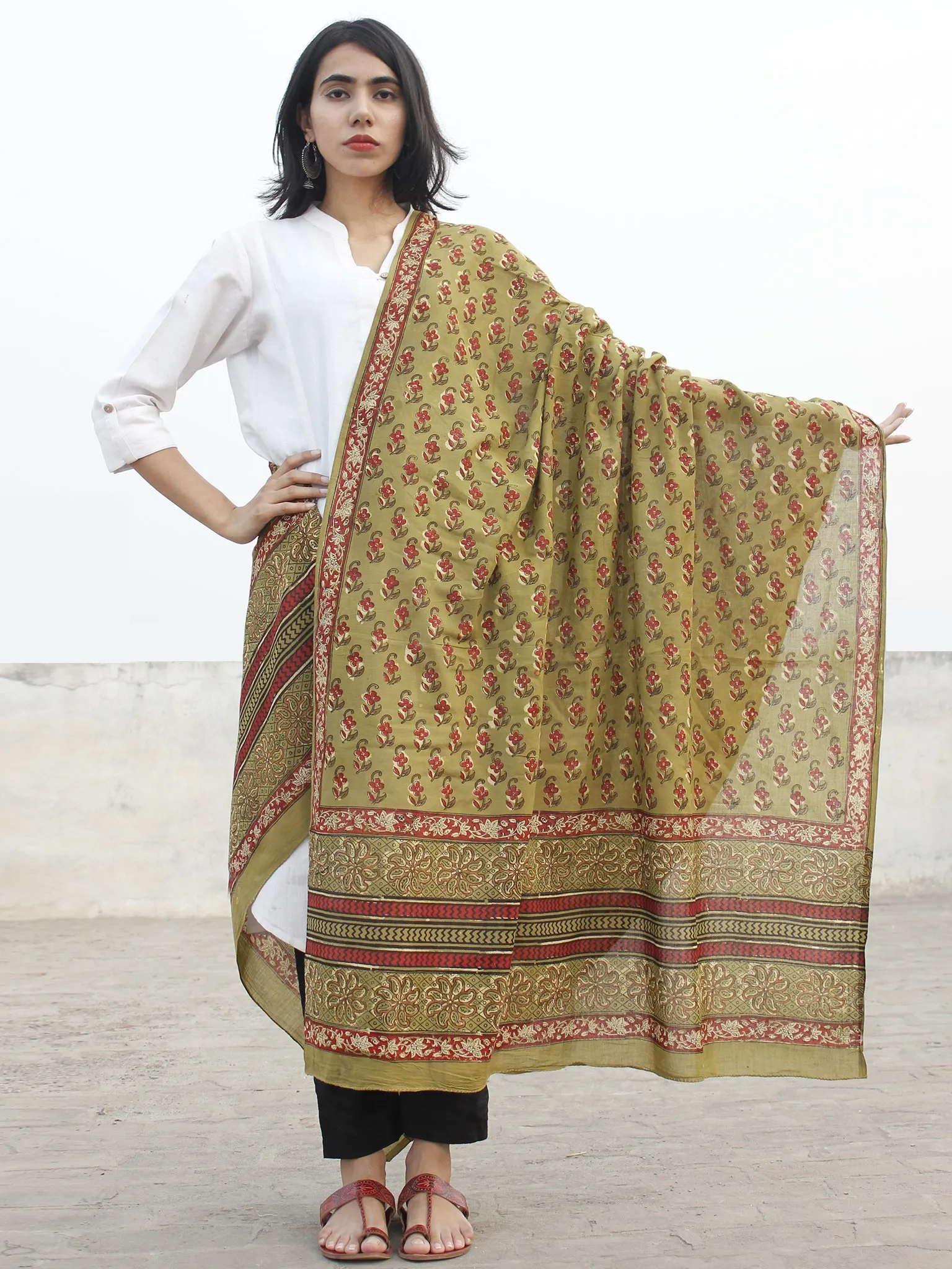 Olive Green Maroon Black Beige Cotton Hand Block Printed Dupatta - D04170192
