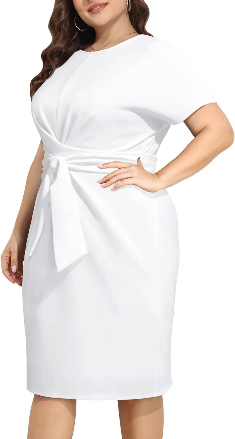 Pinup Fashion Plus Size Dresses for Women Wedding Guest Short Sleeve Tie Front Waist Belted Pencil Work Knee Dress