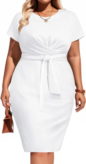 Pinup Fashion Plus Size Dresses for Women Wedding Guest Short Sleeve Tie Front Waist Belted Pencil Work Knee Dress