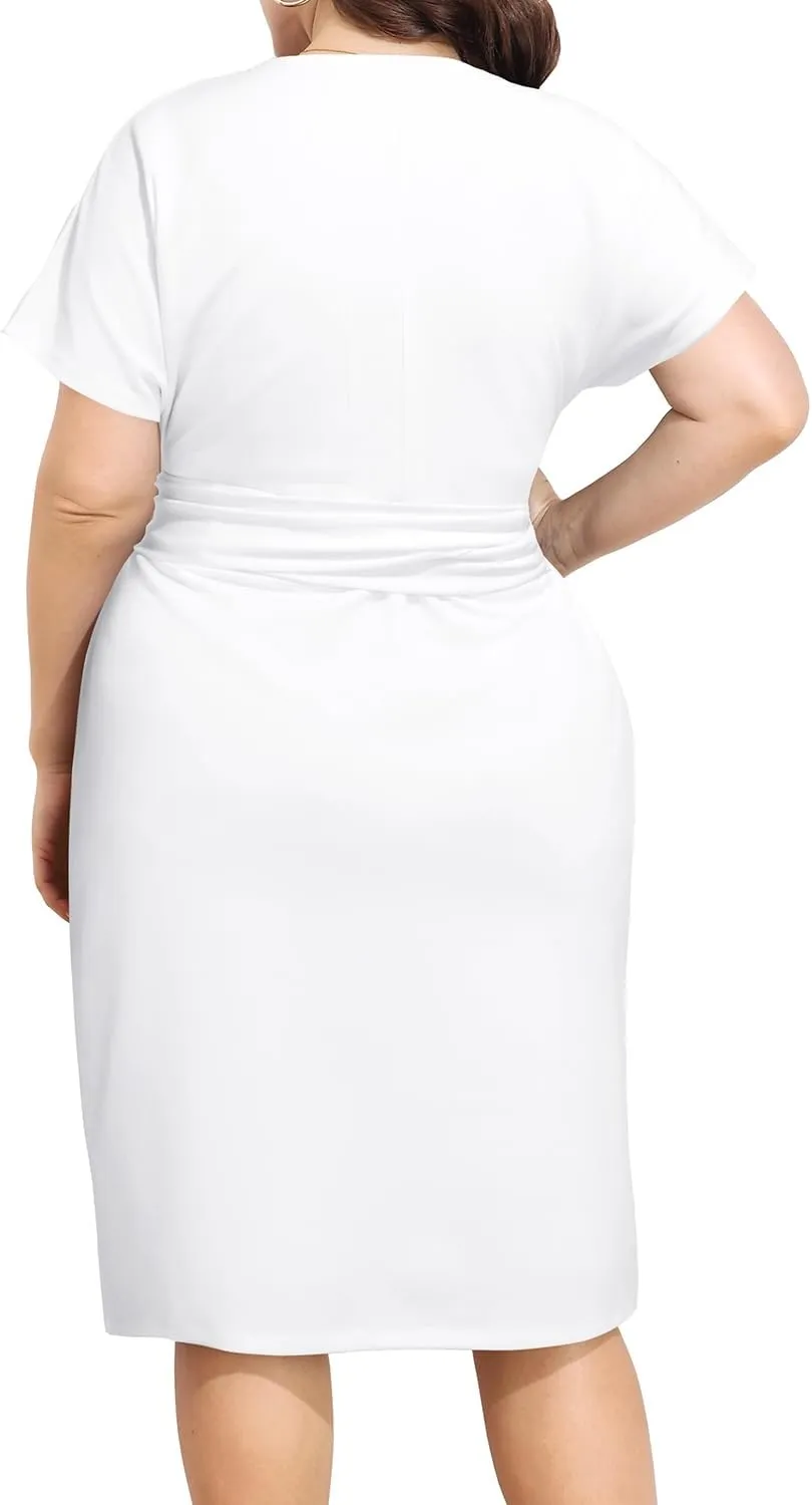 Pinup Fashion Plus Size Dresses for Women Wedding Guest Short Sleeve Tie Front Waist Belted Pencil Work Knee Dress