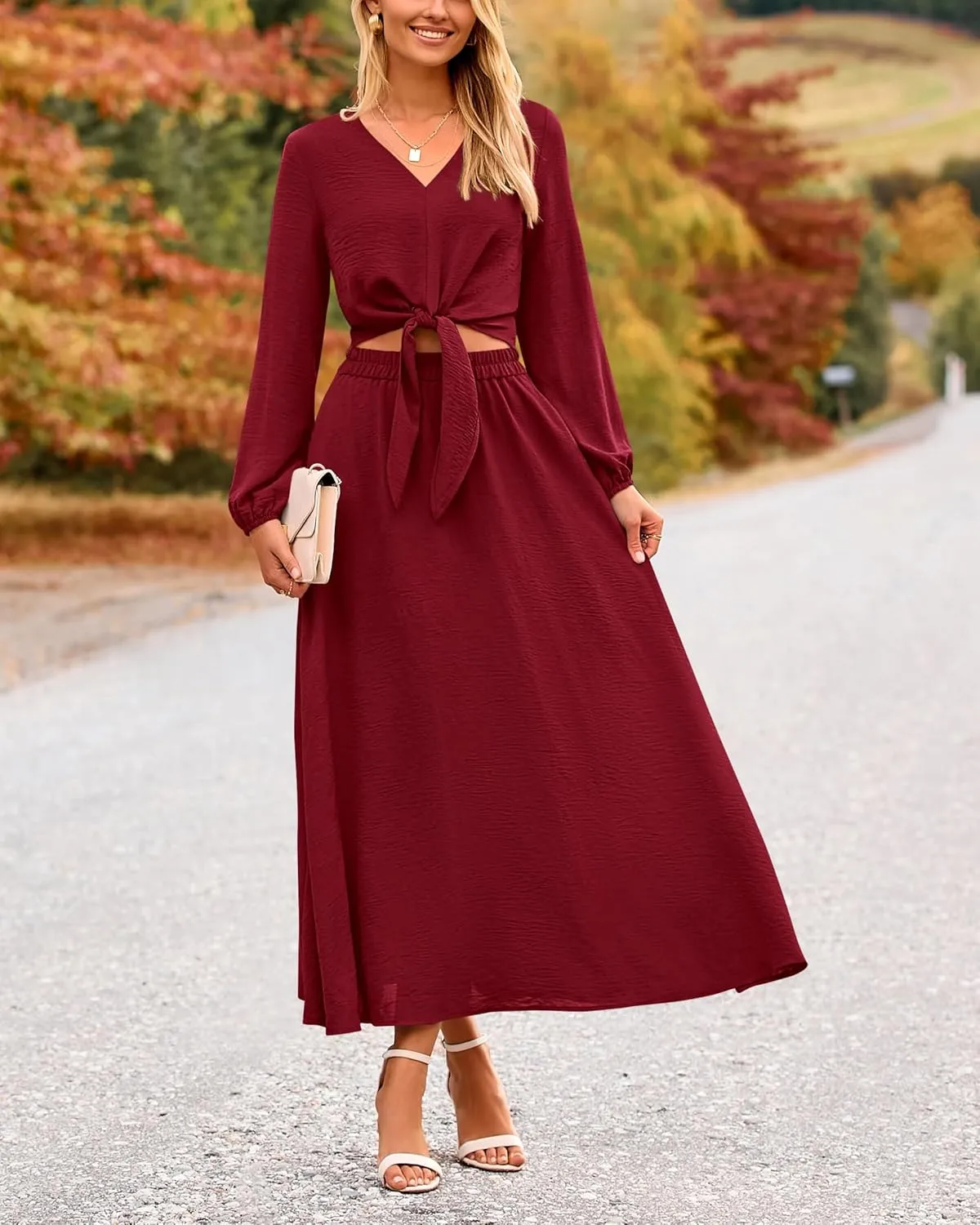 PRETTYGARDEN Women 2 Piece Outfits Casual V Neck Lantern Long Sleeve Strappy Crop Tops High Waist Midi Skirt Sets 2025