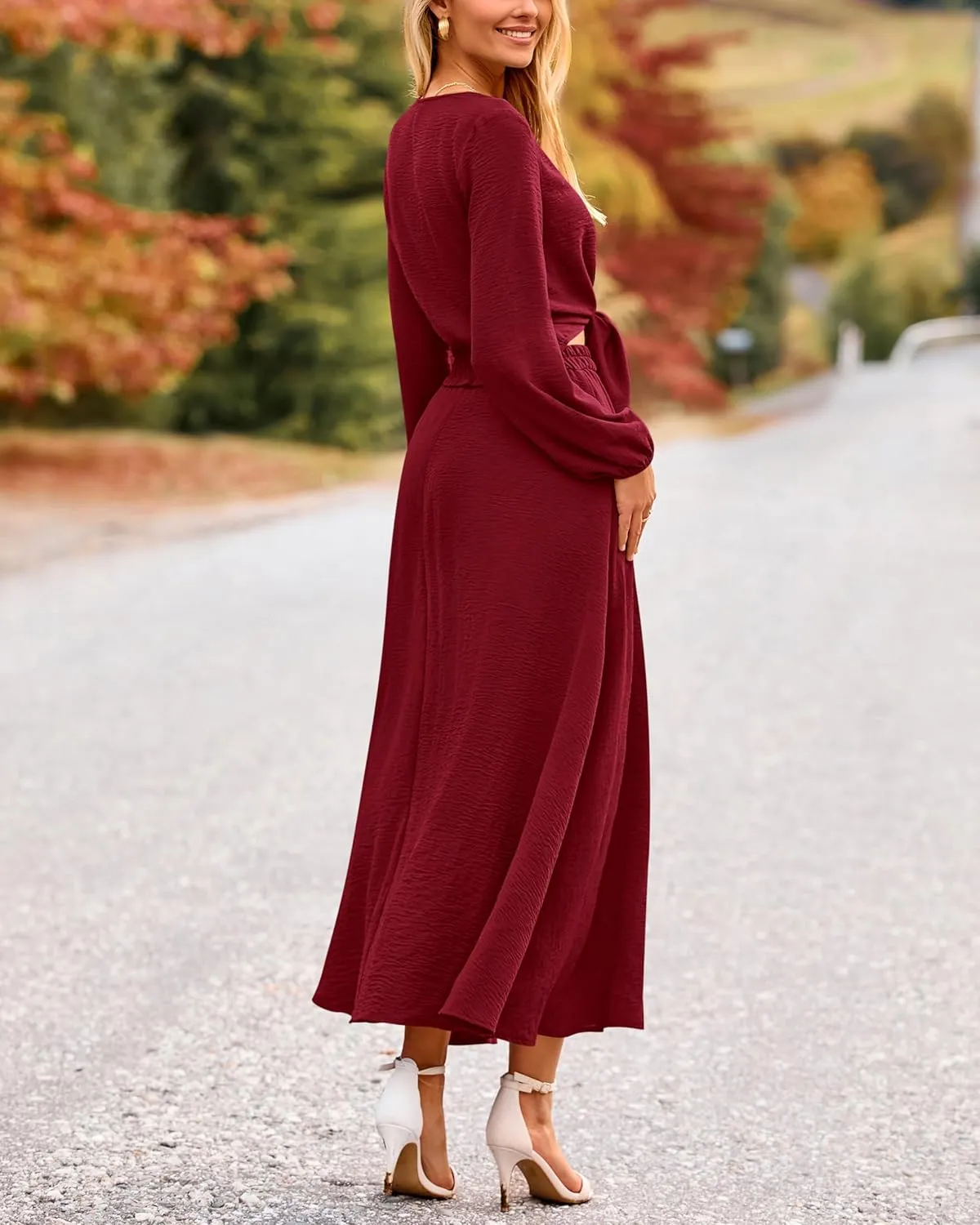 PRETTYGARDEN Women 2 Piece Outfits Casual V Neck Lantern Long Sleeve Strappy Crop Tops High Waist Midi Skirt Sets 2025