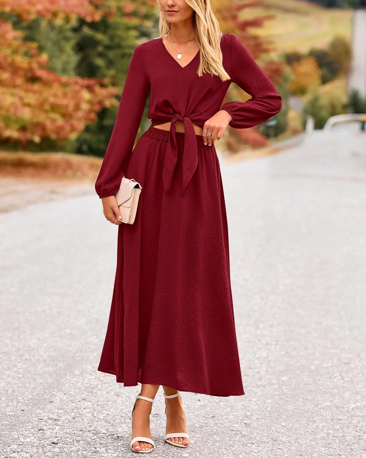 PRETTYGARDEN Women 2 Piece Outfits Casual V Neck Lantern Long Sleeve Strappy Crop Tops High Waist Midi Skirt Sets 2025