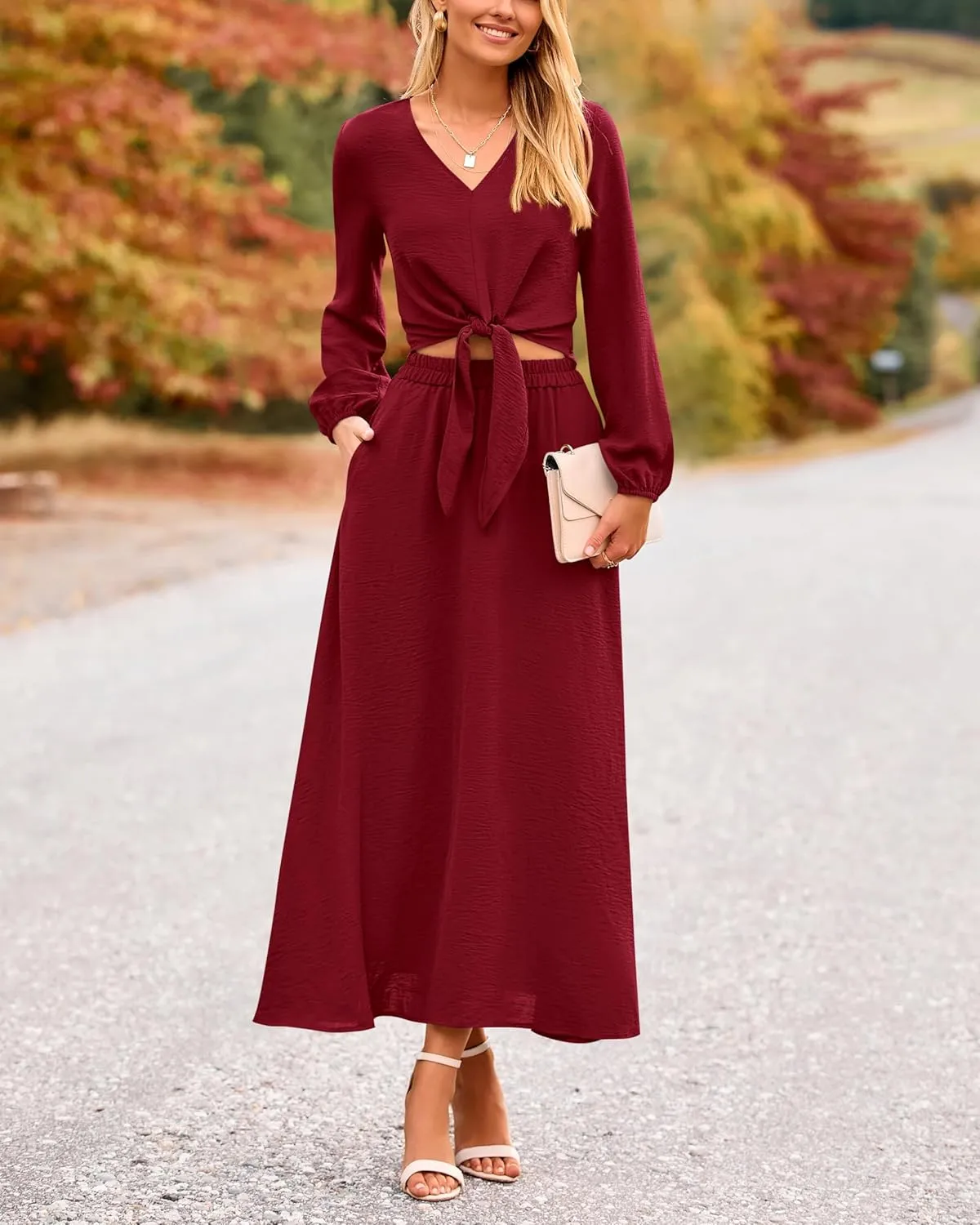 PRETTYGARDEN Women 2 Piece Outfits Casual V Neck Lantern Long Sleeve Strappy Crop Tops High Waist Midi Skirt Sets 2025
