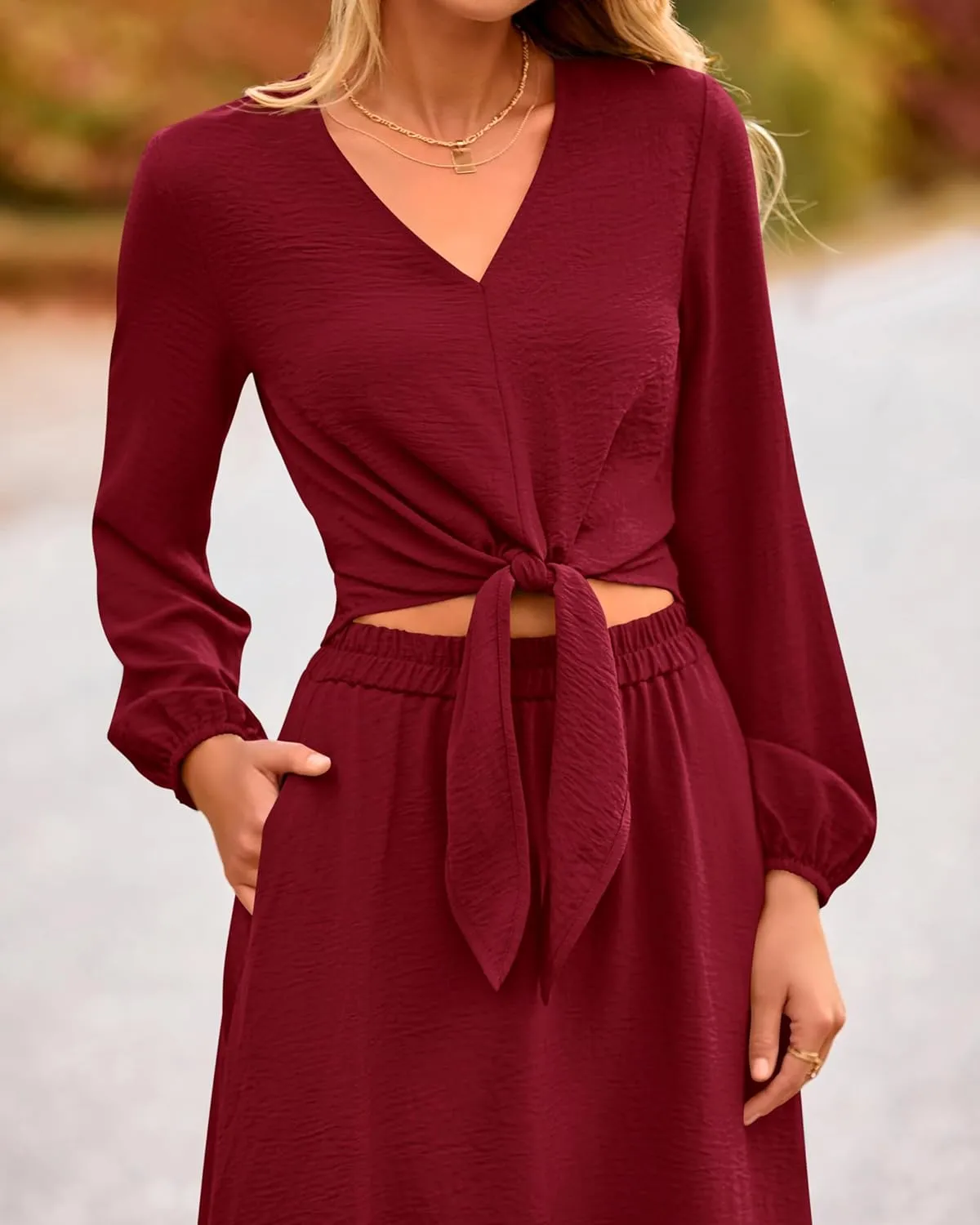 PRETTYGARDEN Women 2 Piece Outfits Casual V Neck Lantern Long Sleeve Strappy Crop Tops High Waist Midi Skirt Sets 2025