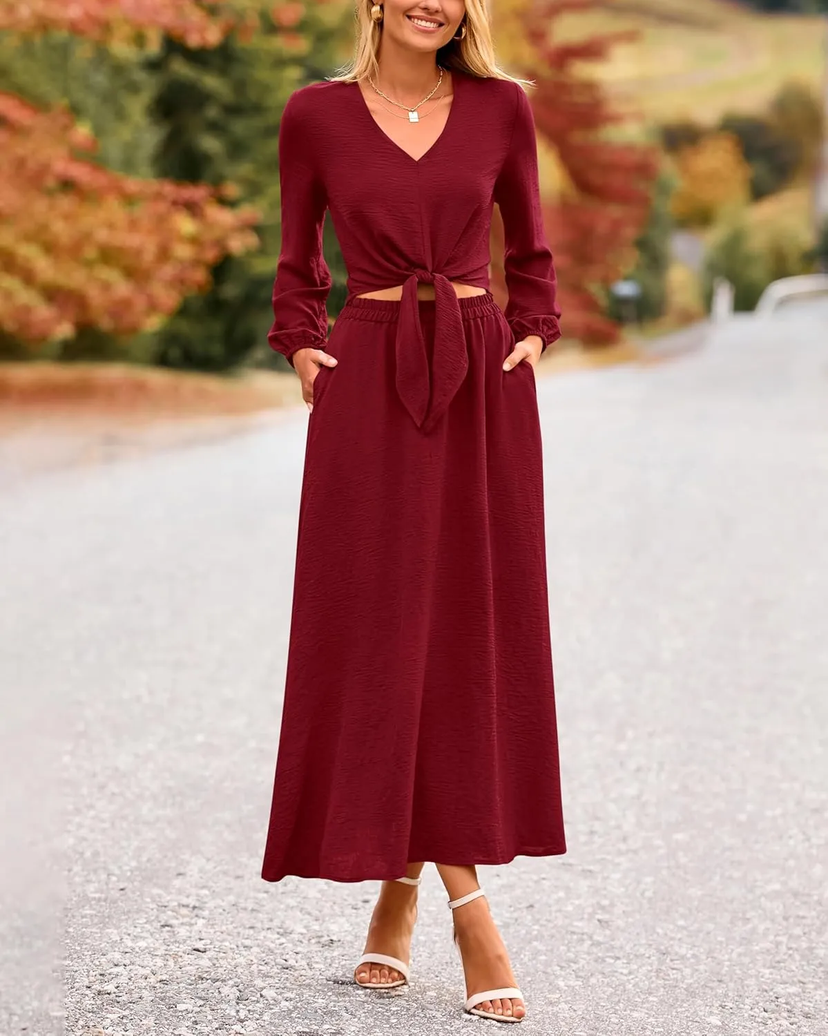 PRETTYGARDEN Women 2 Piece Outfits Casual V Neck Lantern Long Sleeve Strappy Crop Tops High Waist Midi Skirt Sets 2025