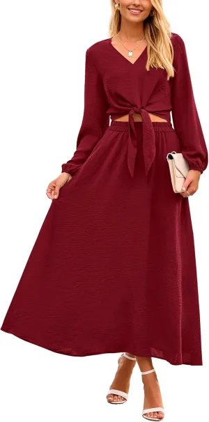 PRETTYGARDEN Women 2 Piece Outfits Casual V Neck Lantern Long Sleeve Strappy Crop Tops High Waist Midi Skirt Sets 2025